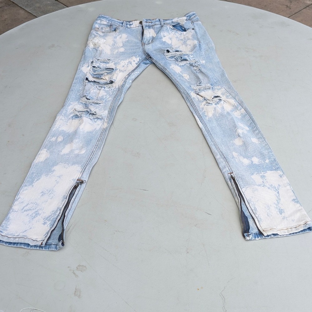 KDNK Stacked Skinny Jeans Mens 32 Distressed Bleached Zipper Hem Denim